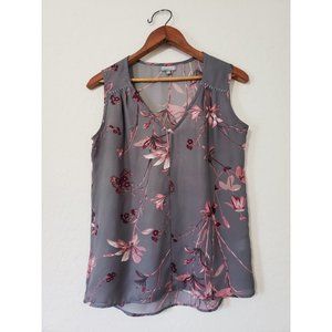 Gray Pink Floral Sleeveless V-Neck Blouse